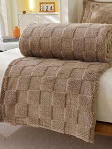 1pc Coffee-Color Waffle Flannel Soft & Cozy Blanket, Suitable For Bedroom And Guest Room - Khaki - View 10