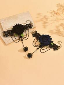 1pc Gothic Style Lace Bracelet With Gemstone Flower Decor And Adjustable Ring, Elegant Bracelet Suitable For Banquets, Parties, Masquerade Balls And Other Occasions - A Versatile Halloween Accessory - YR2574-1 - View 14