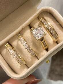 4 piezas Conjunto de joyería de circonita cúbica con anillo, aretes, viene con caja de regalo, adecuado para mujeres, aplicable para boda, compromiso, fiesta de aniversario, regalo de joyería del Día de San Valentín - 1# - Ver 7