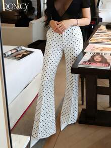 DONICY Quần ống loe chấm bi trắng kiểu retro dành cho nữ, chất liệu mềm mại, cạp cao, dáng ôm, phong cách Pháp, phù hợp cho công sở và mặc thường ngày. - trắng - Xem 6