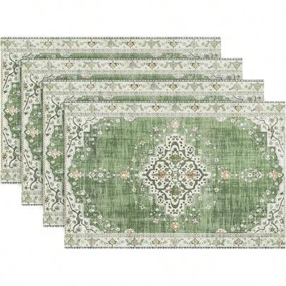复古绿色花卉图案长方形餐垫，散发浓郁异域风情，可选1件/2件/4件/6件/8件/30件装，尺寸为18*11.81英寸（45*30厘米）。100%涤纶材质，可机洗、手洗和干洗，防滑耐热，是日常用餐和家居装饰的理想之选，为您的餐桌增添复古气息，提升家居格调。