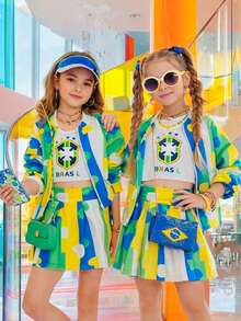 Conjunto Infantil Brasil Cropped + Shorts Saia + Jaqueta Blogueirinha Fashion Colorido 3 peças - Multicolorido - Visão 1