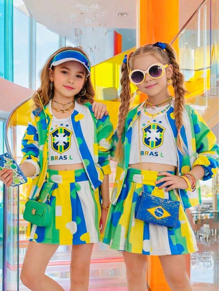 Conjunto Infantil Brasil Cropped + Shorts Saia + Jaqueta Blogueirinha Fashion Colorido 3 peças - Multicolorido - Visão 1
