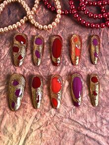 10 PIEZAS Uñas postizas hechas a mano para mujeres, uñas rojas con encantos, material acrílico, textura de metal dorado pintado a mano, decoración de rhinestone, estilo Y2K, reutilizables, juego de arte de uñas con pegamento para uñas, esmalte de gel, pegatinas para uñas, accesorios para técnicas de uñas, uñas postizas acrílicas, suministros de arte de uñas para mujeres y niñas, ideales para la vida diaria, fiestas, bodas, citas, compras, viajes, festivales y celebraciones, juego de uñas postizas hechas a mano con kit de decoración, perfecto para ocasiones especiales - Rojo - Ver 3