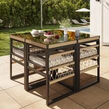 Hand-Made Gartensofa-Set For 8 Personen / Aus Robustm Eisen Mit 8 Beigen Kissen / Inkl. 2 Tische Aus Sicherheitsglas & 8 Sesseln / Wetterfeste Terrassenmöbel - Beige+Black - View 5