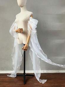 1pc White Organza Bridal Arm Long Sleeve With Ribbon, 2pcs White Bubble Sleeves, And 1pc Detachable Black Decorative Sleeve For Brides Autumn Accessories - 藍寶石 - 查看 3