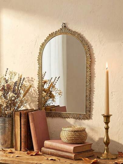 1件金色拱形装饰壁镜，复古优雅，美观家居装饰，波西米亚北欧风格，拱形叶纹边框，华丽边框，可悬挂，梳妆镜，化妆镜，适用于客厅、卧室、浴室、玄关、走廊、更衣室等家居装饰
