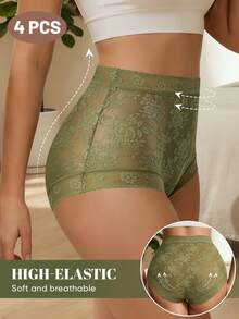 MEIYATING 4pcs Women High Waist Panties, Floral Print, Thin Lace, Comfortable Breathable Briefs - Multicolor - View 4