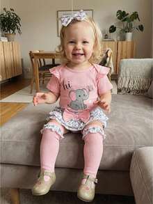 Infant Baby Girl Summer Outfit Elephant Print Short Sleeve Ribbed Romper Ruffle Shorts Bow Headband And Stockings 4 Piece Clothes Set - Pink - View 4