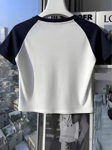 Women's Raglan Sleeve Dachshund Heart Print Cropped T-Shirt, Sexy Slim Fit Short Sleeve Contrast Color Raglan Sleeve Letter Print T-Shirt Summer - Black and White - View 3