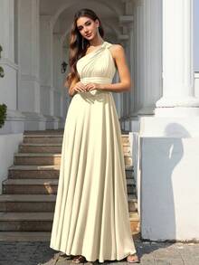 Volly Toych Đầm maxi chiffon không tay, kín đáo, thanh lịch dành cho phù dâu, cổ chữ V bất đối xứng và chi tiết thắt nút xếp nếp, thích hợp cho khách dự đám cưới. - Rượu sâm banh - Xem 4