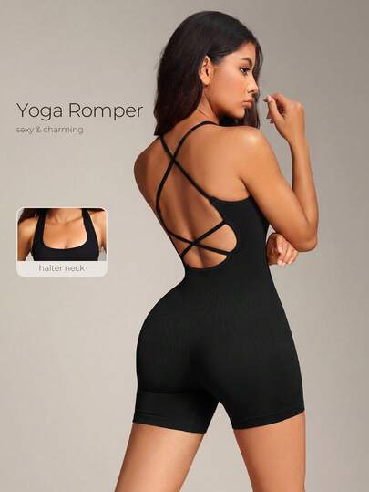 VVX 女士镂空瑜伽连体衣，方领交叉绑带露背设计，收腹休闲无袖无缝罗纹纯色运动连体衣，适合健身房运动、日常穿着，四季皆宜。