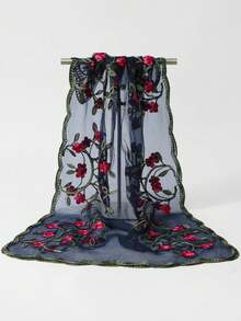 1pc Embroidered Lace Rose Floral Scarf, Shawl, Headscarf, Neckerchief - Multicolor - View 3