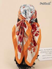 1条90厘米印花围巾/头巾，女士时尚配饰，适合海滩、度假和日常生活，为您的装扮增添亮点，假日必备。 - 橘色 - 查看 4