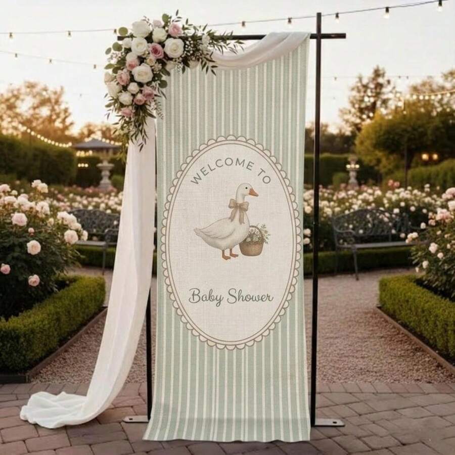 Linen Cotton Baby Shower Banner, Event Backdrop, Goose Illustration Design,  Ideal Gift For Friends & Family, Home Decor, Room Decor, Gender Reveal Party Decor, Party Decor, Indoor Tablecloth Decor - 查看 1