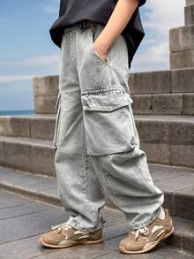 男童宽松休闲牛仔裤，适合日常、上学、户外活动穿着，春季款 - 灰色 - 查看 3