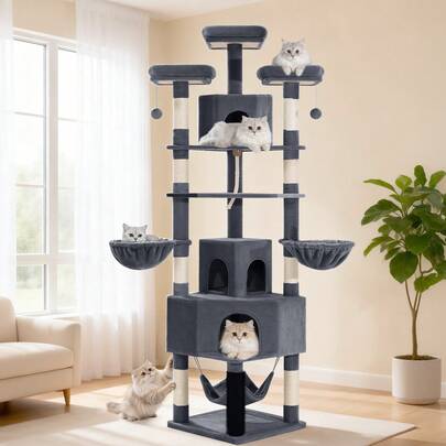 HEXCELEN Large Cat Tree, 220cm, Extra-Large, Sturdy And Durable, With A Large Cat Door, 3 Platforms, 8 Sisal Poles, Hammock, Cat Brush, Cat Basket And Thick Sisal Rope.