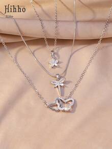 Hihho 3pcs/Set Refreshing Nature-Inspired Silver Jewelry Necklace, 5-Petal Flower, Dragonfly, Double Butterfly Hollow Designs, Versatile For Various Styles, Suitable For Daily Commute And Dates - Clavicle Chain - View 2