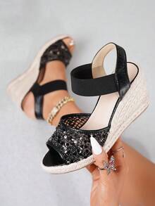 Women's Black Mesh Breathable Comfortable Casual Vacation Woven Straw Rope Platform Wedge Sandals - Black - View 6