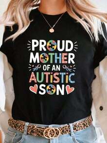 Proud Mother Of An Autistic Son Women-Shirt Colorful Autism Awareness Graphic Tee Short Sleeve Crew Neck Casual Top Spring Summer Soft Round Neck Relaxed Fit Men Size S-3XL-Vintage Street Style Unisex Loose Cotton Short Sleeve Crew Neck T-Shirt 100% Pure Cotton - Black - View 7