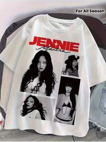 Jennie Summer T-Shirt, 1PC, Hong Kong Retro Fashion, Black And White Photo Print, Loose Fit Short Sleeve T-Shirt, Casual And Versatile For Women, Perfect Holiday Gift. Cotton T-Shirt - 白色 - 查看 2