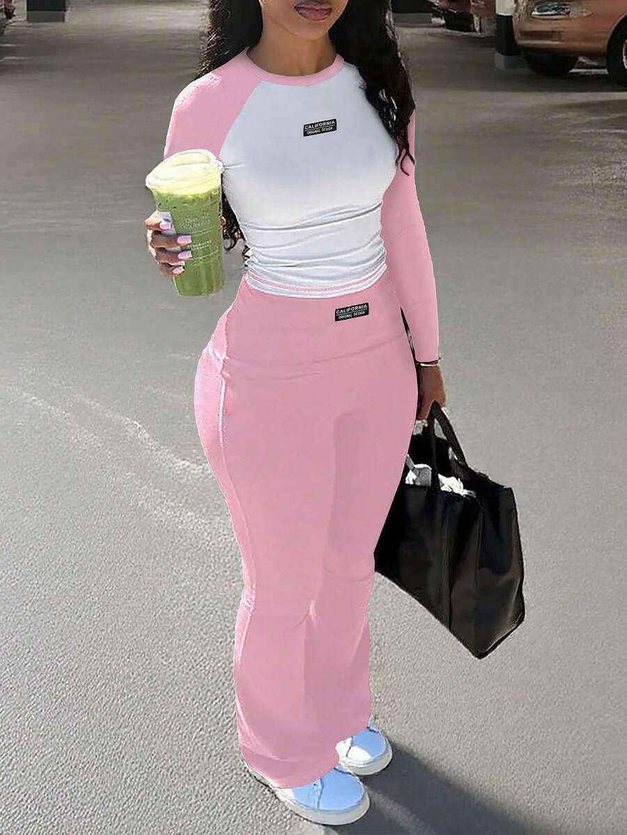Bộ 2 món quần thể thao nữ phối màu tương phản + áo thun bó sát, mặc hàng ngày và ở nhà, màu hồng xuân hè. - Hồng - Xem 1