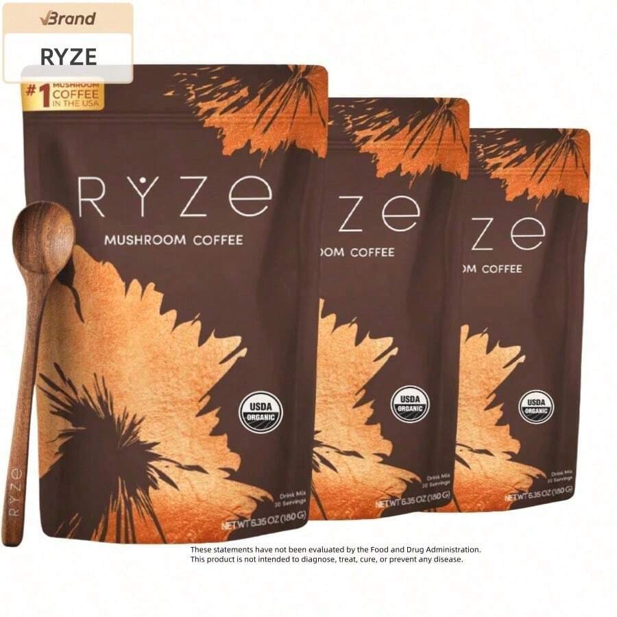 RY.ZE Organic Mushroom Coffee 3-Pack | USDA Organic | #1 Mushroom Coffee In The USA | 30 Servings Per Bag (6.35oz / 180g Each) | Dietary Supplement - Pack Of 3 - 查看 1