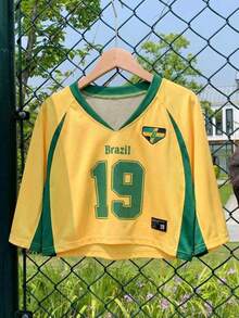 Cropped Brazil Women's Vintage Style Short Sleeve V-Neck - Yellow Green Baby Tee, World Cup Look, Perfect Fit And Retro Style - 黃色 - 查看 2
