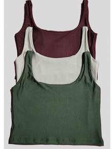 Set Of 3 Cropped Tank Tops, Blogger Style, New Release - Verde militar, beige, marrón café - Ver 5