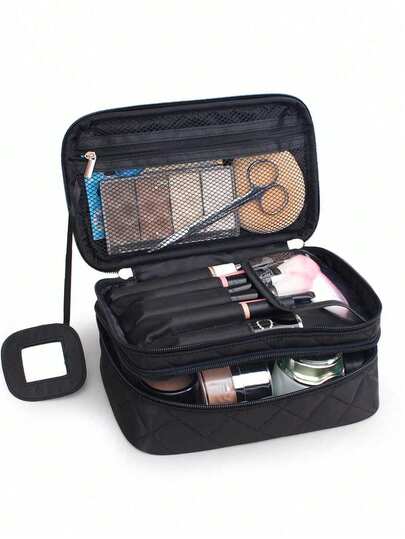 1pc Quilted Square Makeup Bag, Pink Home Bedroom Bathroom Living Room Desk Decor Travel Stuff Wedding House Decor Birthday Mushroom New Years Accessories Gifts For Dad Mom Best Friend Teacher Man Funny Gift Storage Jewelry Organiser Box Bathroom Set Storage Organizer In Storage Boxes & Bins Perfume Organizer Makeup Bag Gift Storage