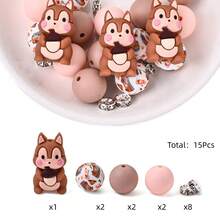 15pcs Animal Silicone Bead Set, Colorful 3D Raccoon/Owl/Wolf/Squirrel Shaped Beads With Printed Round Beads, Suitable For Animal Lovers DIY Jewelry Making Bracelets Necklaces Keychains Phone Charms And Craft Projects - Multicolor - View 14