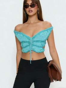 Y2K Women's 3D Butterfly Sequin Crop Top, Off Shoulder Cut Out Tie Front Glitter Top For Festival Rave Vacation - Sky Blue - View 5