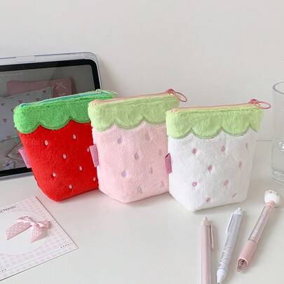 Cute Strawberry Plush Pencil Case, Large Capacity Kawaii Pencil Bag Suitable For Girls, Soft Zipper Stationery Storage Bag For School, Office And Travel, Back To School Season
