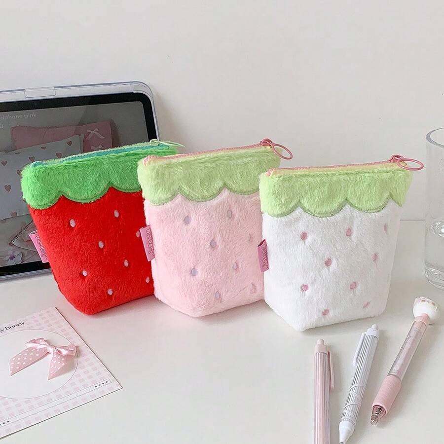 1pc/2pcs Cute Strawberry Plush Pencil Case, Large Capacity Kawaii Pen Pouch For Girls, Soft Zipper Stationery Organizer For School, Office & Travel, Back To School