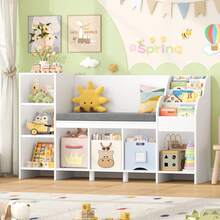 Bookcase, 138.5 Cm Toy Storage Unit With Reading Nook Bench, Book Shelf With 7 Cube Storage - White - View 8