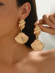 1 Pair Fashionable Cute Sea Shell & Snail Shaped Dangle Earrings, Suitable For Beach Vacation Wear - Yellow Gold - View 4