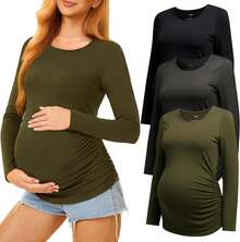 3 Pack Crew Neck Long Sleeve Maternity Tops, Stretchy Side Ruched Pregnancy Casual Tee Shirts, Soft Breathable Basic Mama Daily Loungewear For All Trimesters & Postpartum - Black/Army Green/Dark Grey - View 8