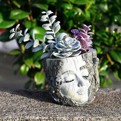 1pc Handmade Resin Girl Face Flower Pot - Rustic Wood Grain Design, Asymmetrical Shape Indoor/Outdoor Planter, Home & Garden Decor, Artistic Floral Stand, Farmhouse Style Ornament, Textured Surface, Gardening Decoration