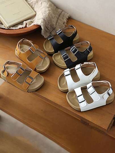 1 Pair Kids' Soft Bottom Non-Slip Hook And Loop Flat Open Toe Sandals, Comfortable Versatile Beach Shoes For Summer