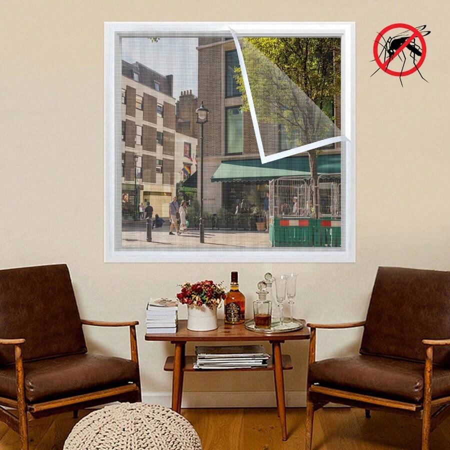 自粘式窗户防蚊纱窗，隐形防蚊蝇网纱，适用于客厅、厨房、卧室，无需钻孔即可轻松安装 - 白色 - 查看 1