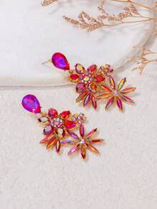 juran 1 par de pendientes colgantes con flor de rhinestone, accesorio de lujo para vacaciones/fiesta, regalo para mujeres - Rojo - Ver 2