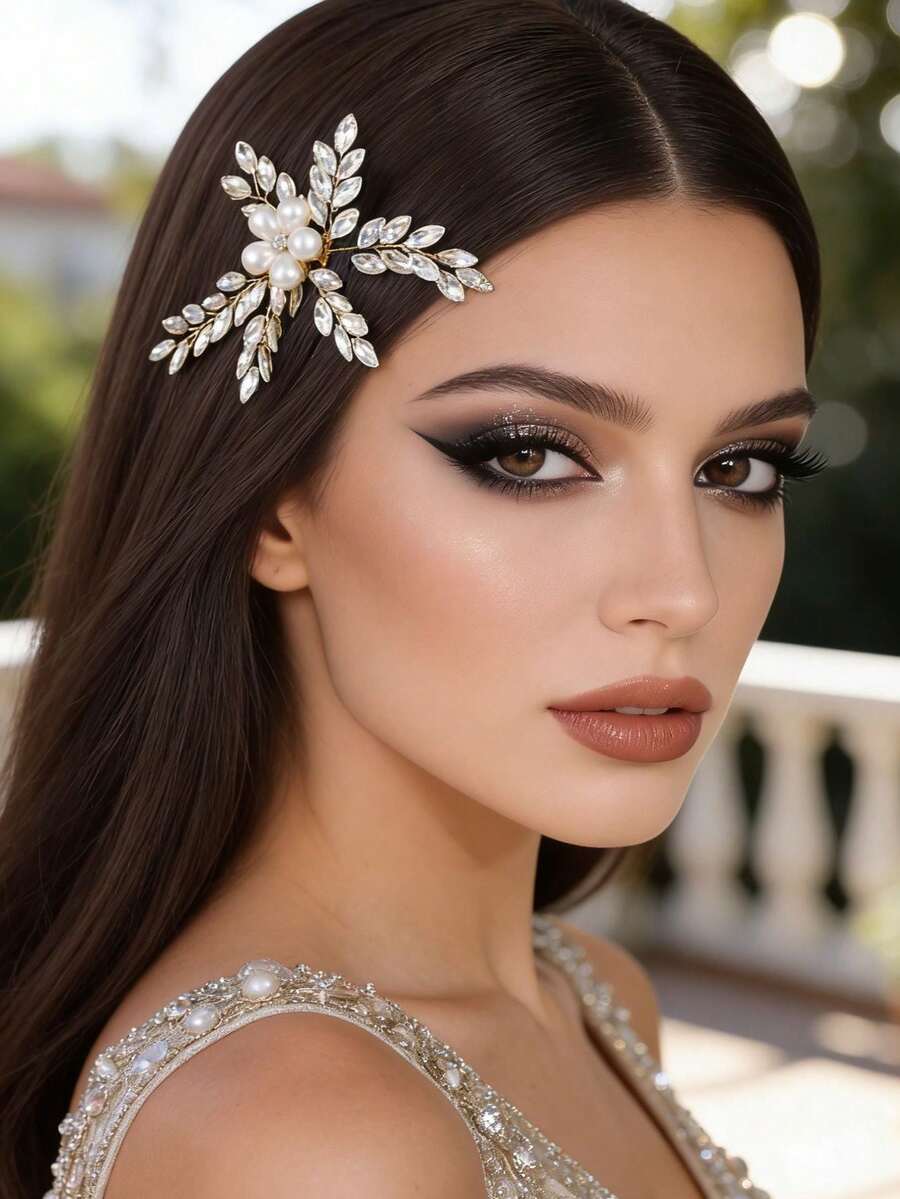 1 pieza Peineta de pelo de mujer elegante de lujo con flores de perlas falsas y cristales, tocado nupcial, accesorio de pelo de alta gama para banquetes, verano, vacaciones, viajes, accesorios de novia - Multicolor - Ver 1
