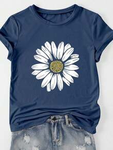 Camiseta de algodón 100% con cuello redondo, manga corta y estampado de perlas falsas, top casual de verano para mujer - Azul marino 3 - Ver 5