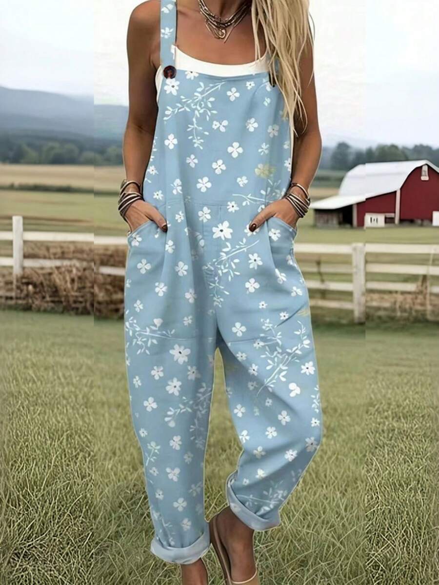 Small Floral Print Women's Adjustable Strap Jumpsuit, Polyester Fiber Fabric, Lightweight And Breathable, Women's Clothing, Regular Women's Clothing, Women's Jumpsuits And Rompers, Women's Jumpsuit, Women's Plus Size Jumpsuit - 彩色 - 查看 1