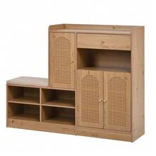 Zapatero con banco tapizado, 3 puertas de ratán tejido y 1 cajón. Armario multifuncional con zapatero para el recibidor. Acabado en madera, dimensiones: 142 x 35 x 110 cm (ancho x profundidad x alto). - Color natural - Ver 7