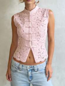 Women Long Sleeve Mandarin Collar Guipure Split Blouse Top Lace Floral Puff Sleeve Button-Down Shirt Slim Fit Elegant Sheer Tops Party Clubwear - 無袖粉紅色 - 查看 2
