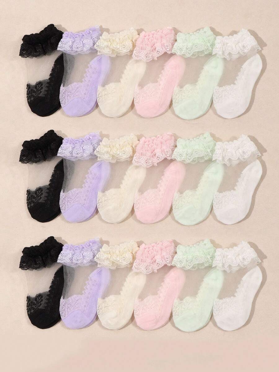 5 Pairs Random Lace Ruffle Baby Girl Socks, Soft Mesh Breathable Infant Ankle Socks, Non-Slip Cute Princess Style, Suitable For Daily Wear, Photo Shoots, Parties And Gifts - Multicolor - View 1