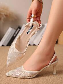 Nuevos zuecos de tacón alto con lazo blanco y malla, sandalias de tacón de aguja/tacón grueso con punta puntiaguda, bordado de encaje y doble uso para mujeres, estilo chino - Beis - Ver 4