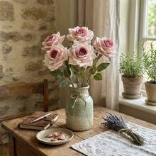 3Bundles/9 Headss Stem 26.37in Artificial Flower Mocha Rose , Realistic Stem Fake Silk Rose Bouquet For DIY Wedding Bouquet Party Home Centerpiece Hotel Decor Party Birthday,Valentine'S Day,Mother'S Day Gift - 粉色 - 查看 6