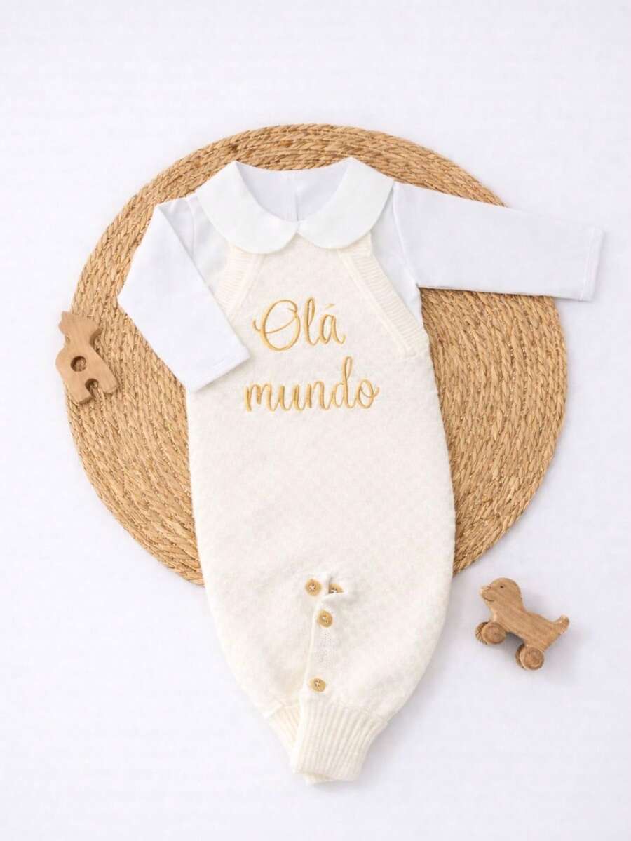 Knitted Baby Overalls Bodysuit "Hello World" - OFF - View 1